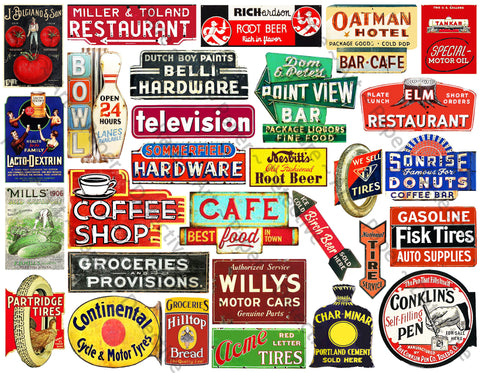 Vintage Style Sign Stickers & General Store Advertising Signs for Dollhouse or Model Railroad Diorama Miniatures, Cut and PEEL Sheet, 1095