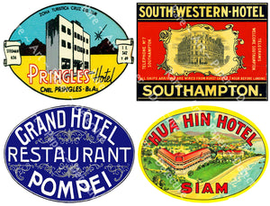Hotel Stickers, 4 JUMBO Sized Luggage Labels, 5" x 3.75" each, Steamer Trunk Decals, 1097