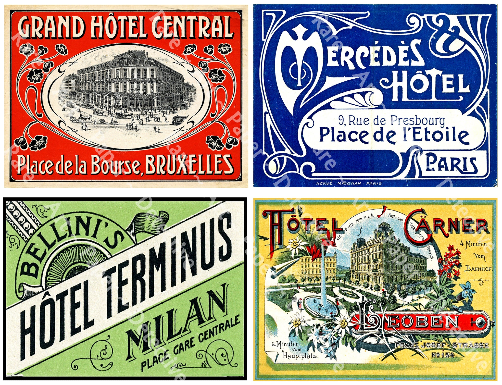 Hotel Stickers, 4 JUMBO Sized Luggage Labels, 5" x 3.75" each, Steamer Trunk Decals, 1098