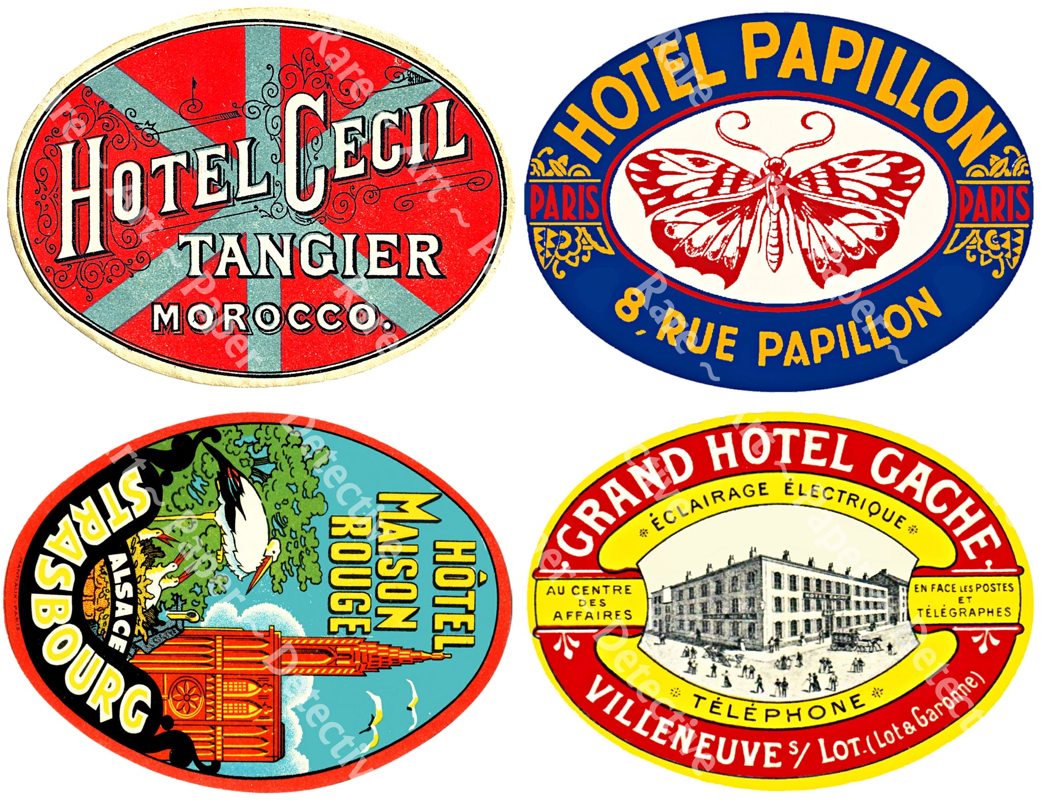 A Vintage Set of Suitcase Stickers, 4 JUMBO Sized Luggage Labels, 5" x 3.75" each, Steamer Trunk Decals, 1100