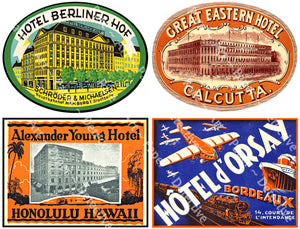 A Vintage Set of Suitcase Stickers, 4 JUMBO Sized Luggage Labels, 5" x 3.75" each, Steamer Trunk Decals, 1101
