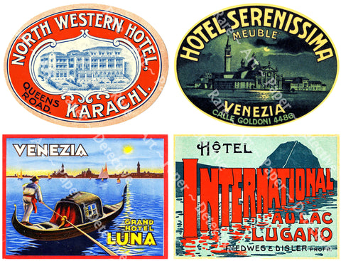 Baggage Tag Stickers, 4 JUMBO Sized Luggage Labels, 5" x 3.75" each, Steamer Trunk Decals, 1105