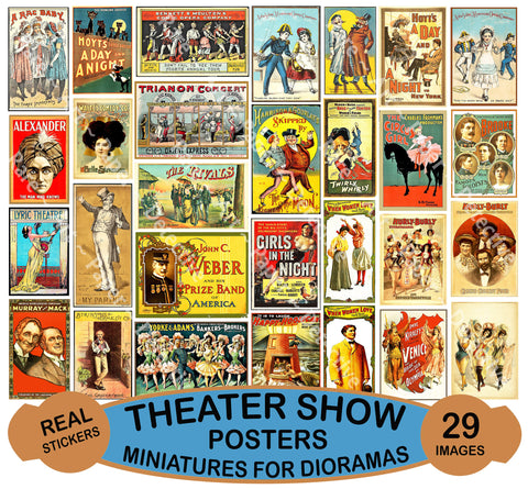 Theater Show Posters, Comedy & Musicals, Dollhouse and Model Railroad, Cut and Peel Sticker Sheet, 29 Multi Scale Diorama Hobby Images, 1109