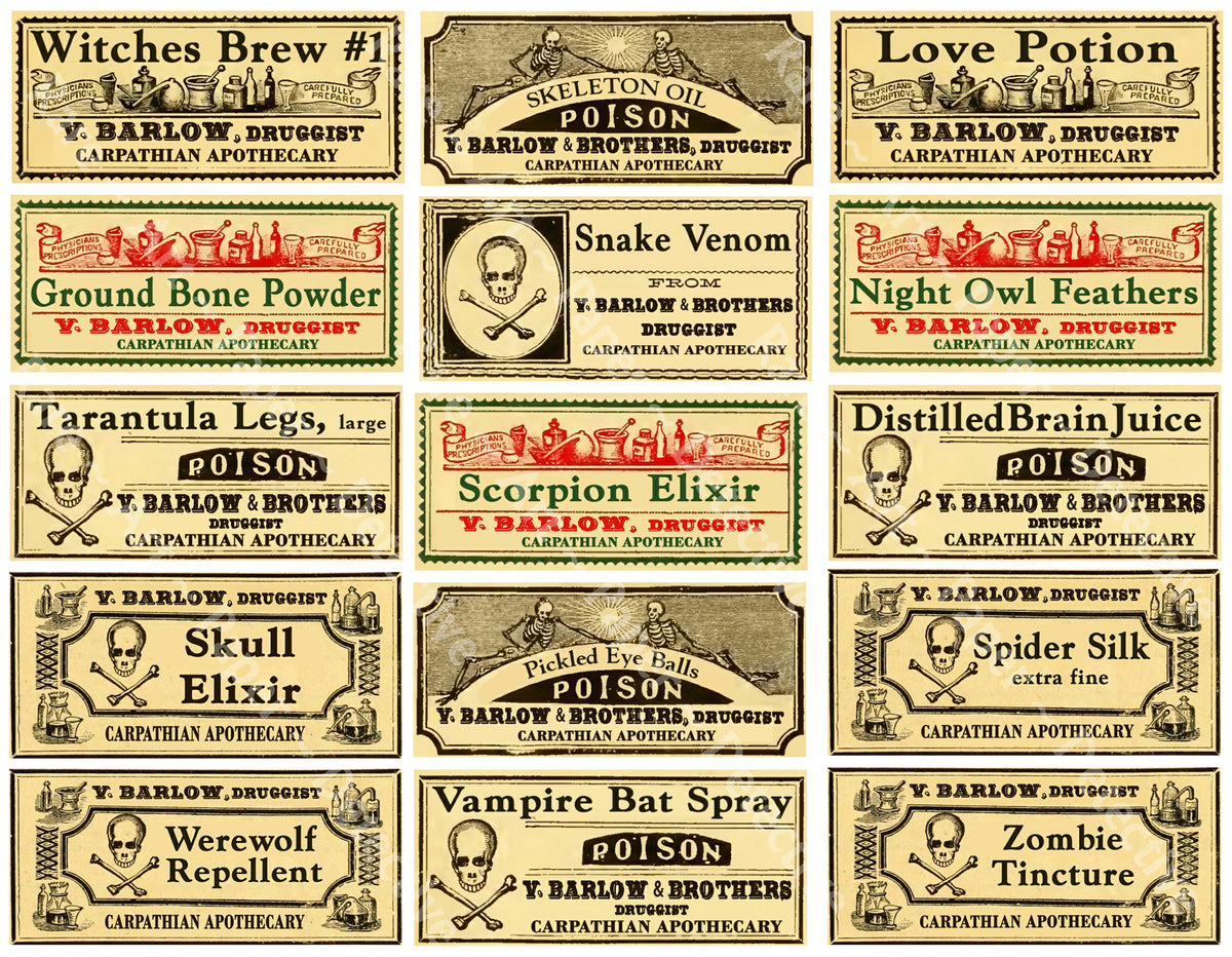 Halloween Label Stickers, Spooky Vintage Poison, Potion & Elixir Apoth ...