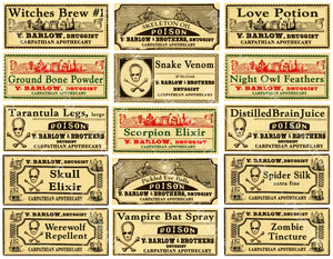 Halloween Label Stickers, Spooky Vintage Poison, Potion & Elixir Apothecary Cabinet, Cut and Peel Decal Sheet, 1119
