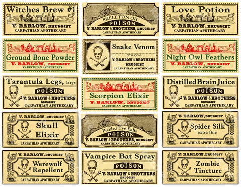 Halloween Label Stickers, Spooky Vintage Poison, Potion & Elixir Apothecary Cabinet, Cut and Peel Decal Sheet, 1119