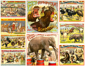 Wild Animal Show Posters & Circus Signs, Billboards, Sticker Sheet, 9 Clip Art Images for Dioramas, 1124