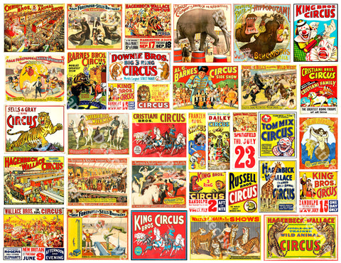 Circus Signs & Billboards for Trains and Dollhouses, Sticker Sheet, 34 Multi Scale Hobby Images for Dioramas, 1126