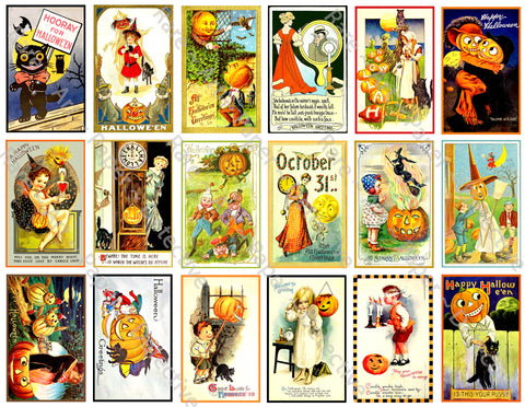 Vintage Halloween Stickers, Mini Victorian Halloween Postcard Images & Spooky Illustrations, Halloween Party Novelty, 1130