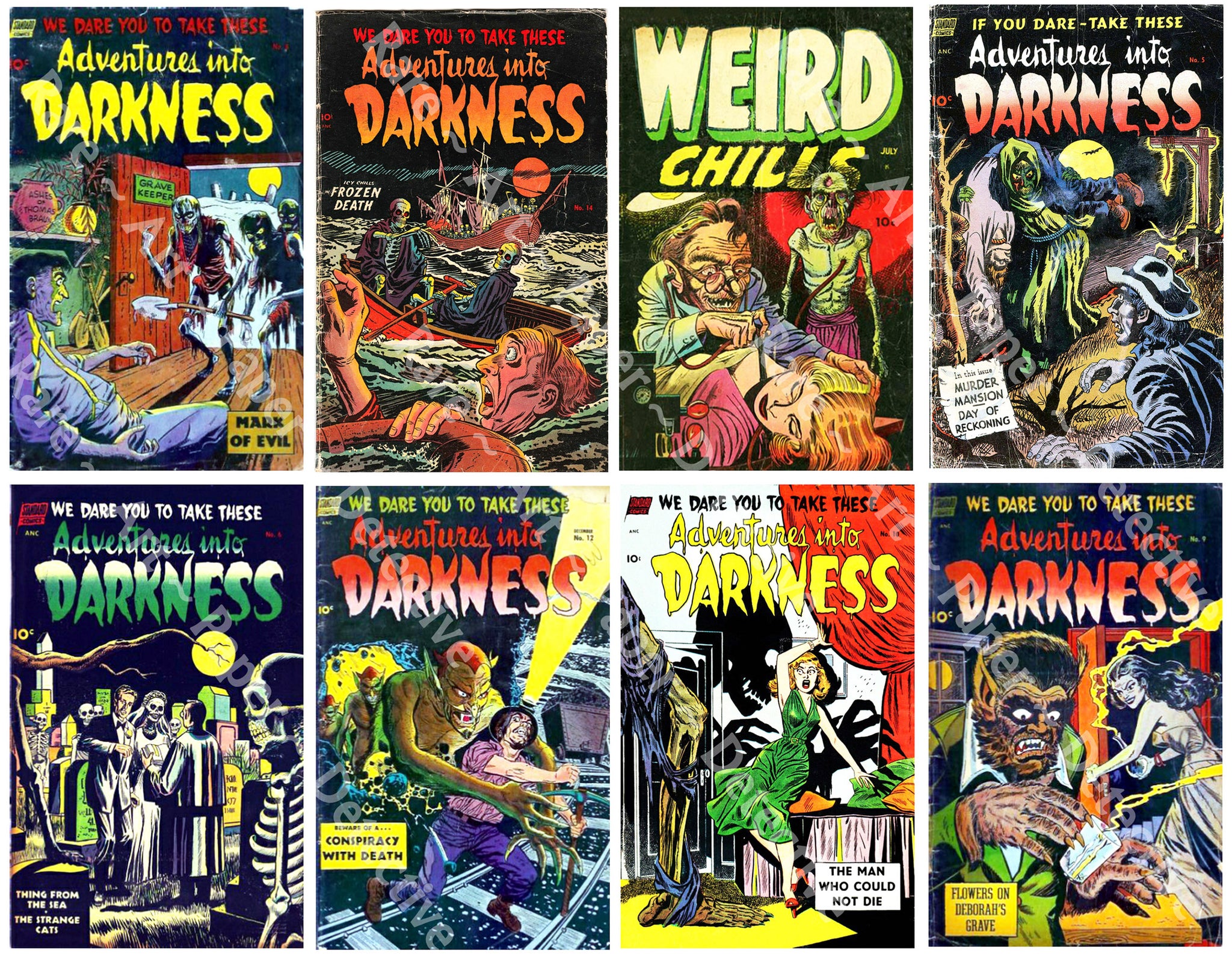 Comic Book Covers, Classic Horror Comics, Vintage Halloween Sticker Décor, 2.5" x 4" Tags, DIY Projects and Décor, CUT & PEEL Sheet, 1164
