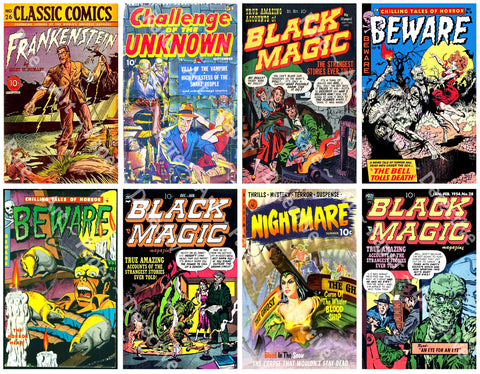 Comic Book Cover Stickers, Classic Horror Comics, Vintage Halloween Sticker Décor, 2.5" x 4" Tags, DIY Projects and Décor, CUT & PEEL Sheet, 1165