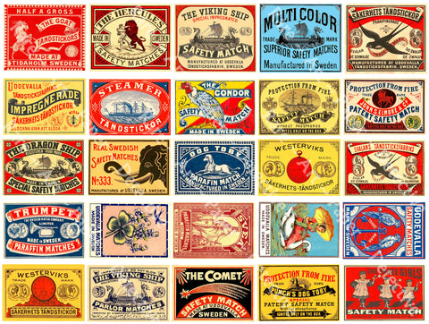 Antique Safety Match Label Stickers, Authentic Sizes, 2" wide each, 25 Pcs. Junk Journals CUT & PEEL Sticker Sheet, 1173