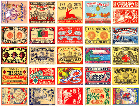 Antique Safety Match Label Stickers, Authentic Sizes, 2" wide each, 25 Pcs. Junk Journals CUT & PEEL Sticker Sheet, 1174