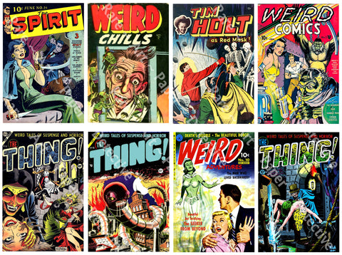 Horror Comic Book Covers, Classic Horror Comics, Vintage Halloween Sticker Décor, 2.5" x 3.75" Tags, DIY Projects and Décor, CUT & PEEL Sheet, 1179