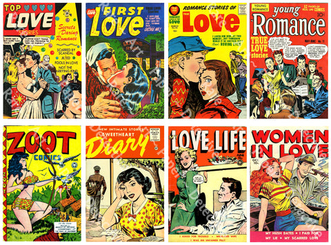 Romance Comic Book Covers, Classic 1950's Comics, Vintage Style Sticker Clip Art, 2.5" x 3.75" Tags, CUT & PEEL Sheet, 1181