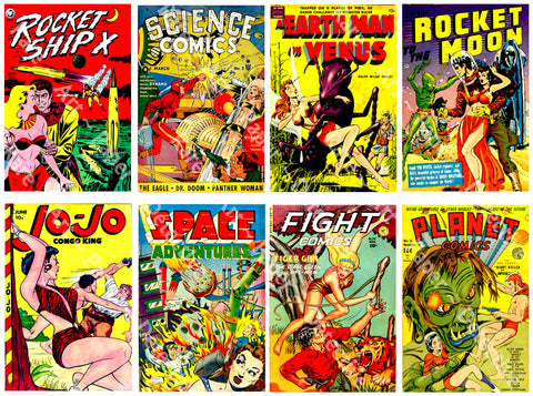 Sci-Fi Comic Book Covers, Classic 1950's Comics, Vintage Style Sticker Clip Art, 2.5" x 3.75" Tags, CUT & PEEL Sheet, 1182