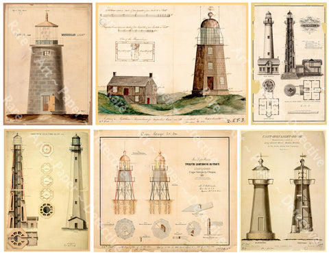 Lighthouse Stickers, Antique Lighthouse Diagram Drawings, Coastal Art and Nautical Collage Illustrations, CUT & PEEL Sheet, 1188