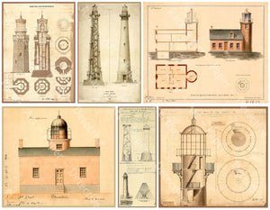 Lighthouse Stickers, Antique Lighthouse Diagram Drawings, Coastal Art and Nautical Collage Illustrations, CUT & PEEL Sheet, 1189