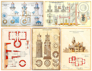 Lighthouse Architecture Stickers, Antique Lighthouse Diagram Drawings, Coastal Art and Nautical Collage Illustrations, CUT & PEEL Sheet, 1190