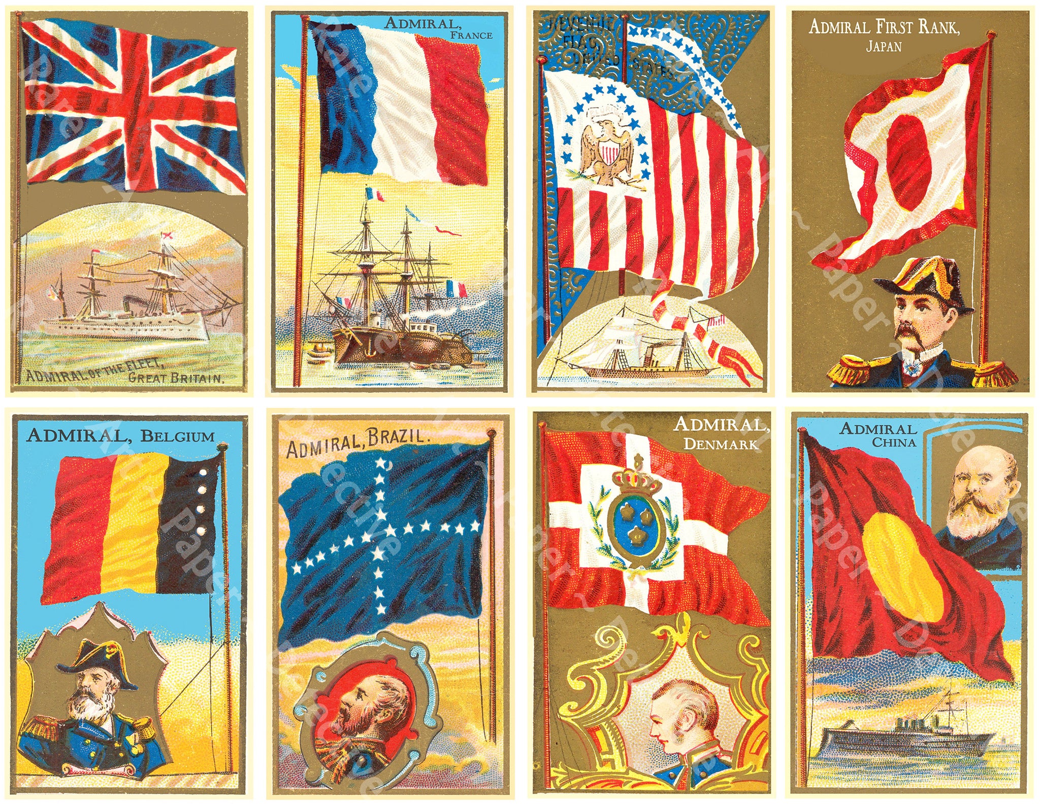 Navy Flag Stickers, Antique Style Naval Flags from Around the World, Flag Illustrations, 4" Tall Stickers, Cut & Peel Sheet, 1194