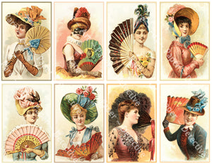 Women with Fans, Advertising Card Stickers, Elegant Antique Lady Illustrations, Clip Art Ephemera, 4" Tall Stickers, Cut & Peel Sheet, 1196