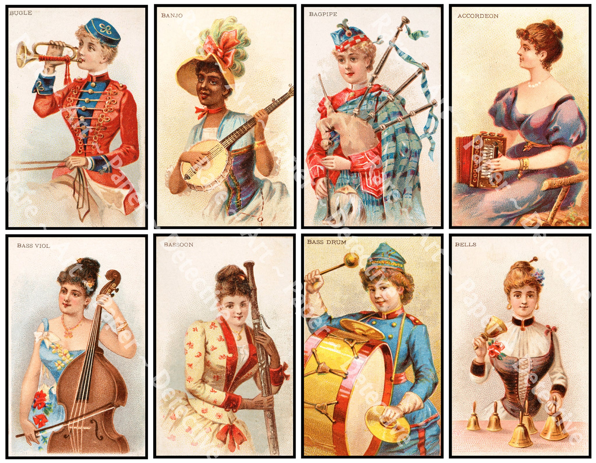 Musical Instruments, Advertising Card Stickers, Elegant Antique Lady Illustrations, Clip Art Ephemera, 4" Stickers, Cut & Peel Sheet, 1197