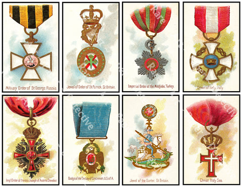 Military Medals & Decorations, Civilian, Government and Religious Decorations and Awards, Antique Ephemera, 4" Stickers on 1 Sheet, 1198