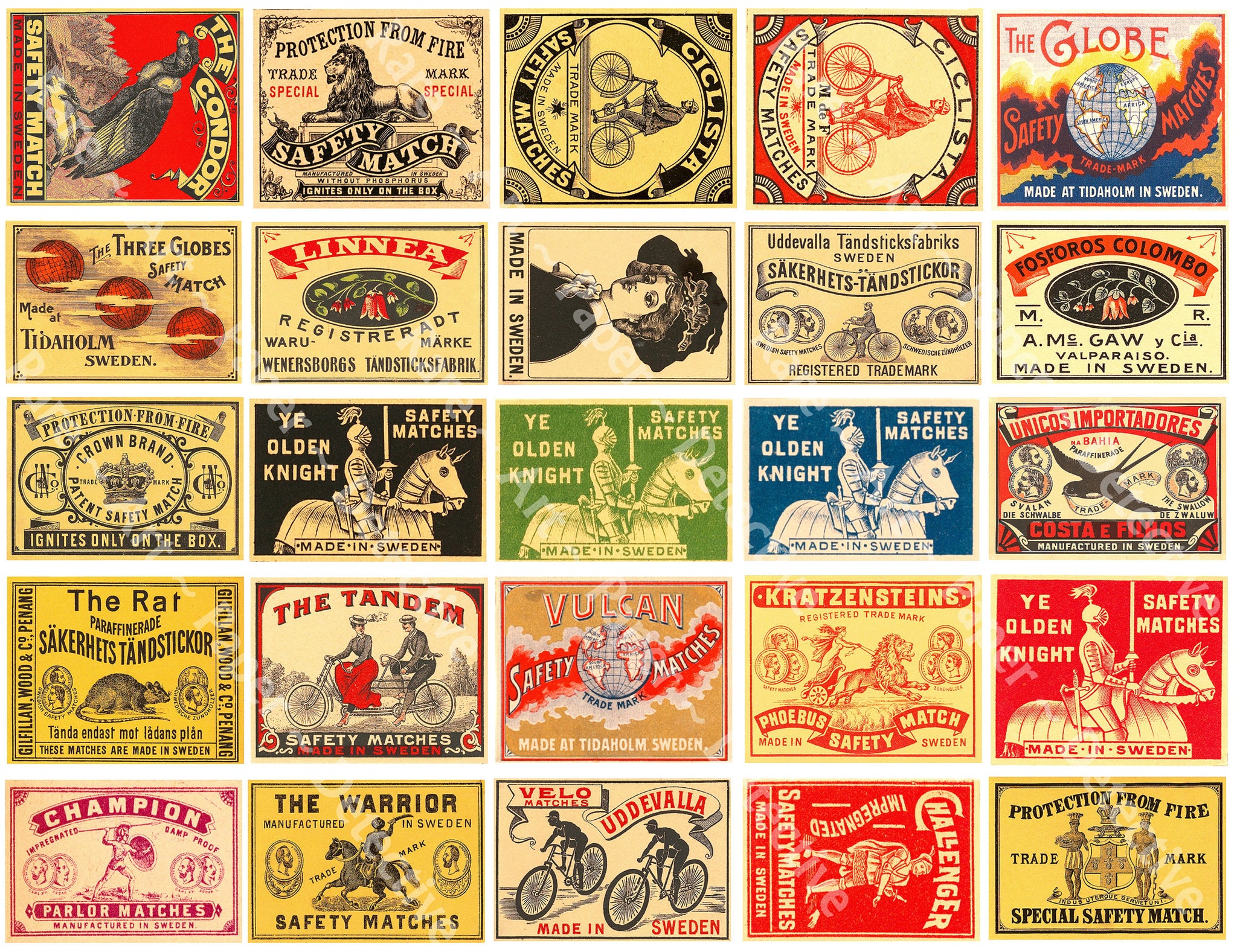 Vintage Safety Match Label Stickers, Authentic Sizes, 2" wide each, 25 Pcs. Junk Journals CUT & PEEL Sticker Sheet, 1202