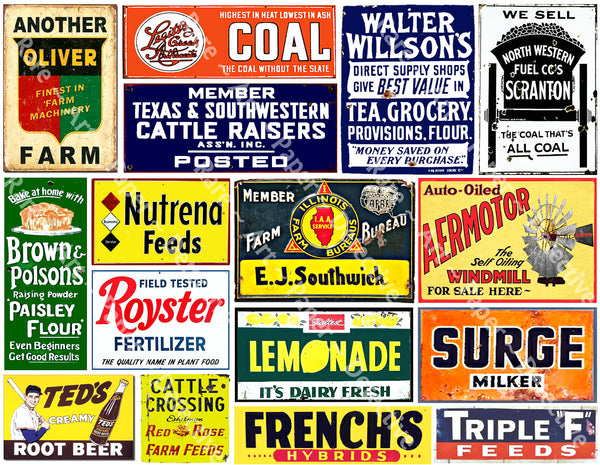 HUGE SET of Vintage Advertising Sign Stickers for Model Train & Dollhouse Miniatures, 50 Pcs. Set, 4 Sheets, 8.5" x 11" each, Pack 29