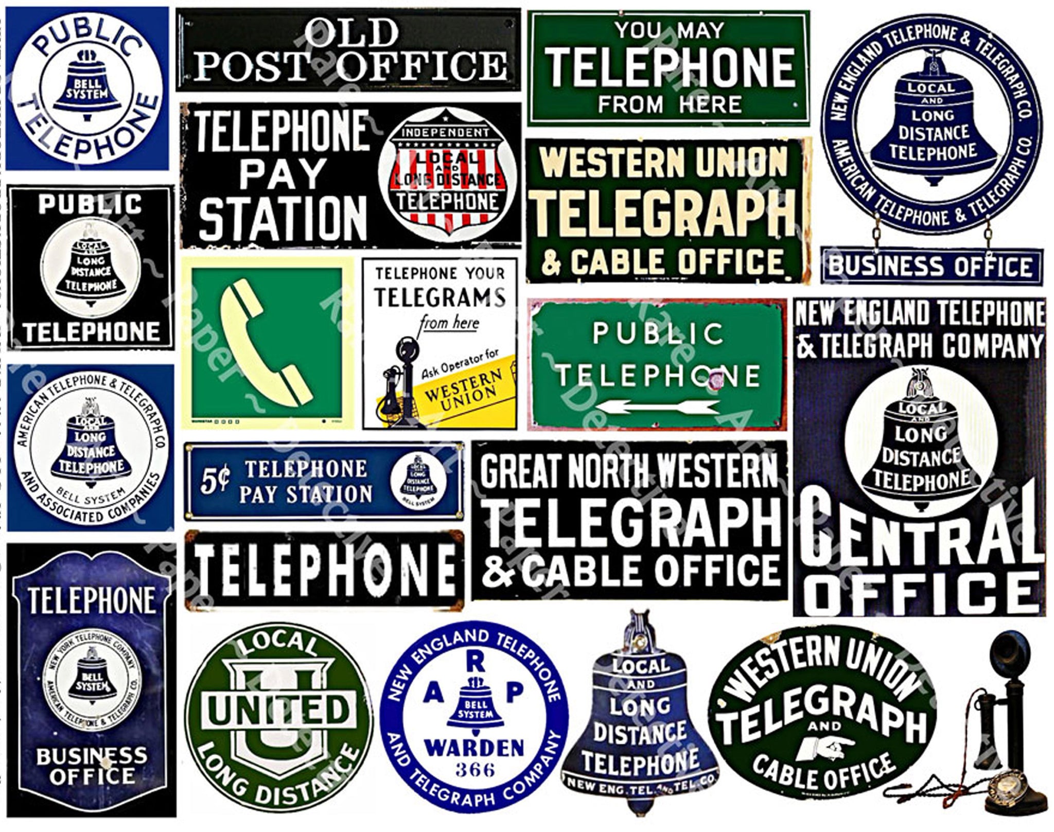 Travel Sign Stickers, Telephone, Telegraph & Post Office, Miniature Signs for Journals & Model Building, 8.5" x 11" Sheet, #218