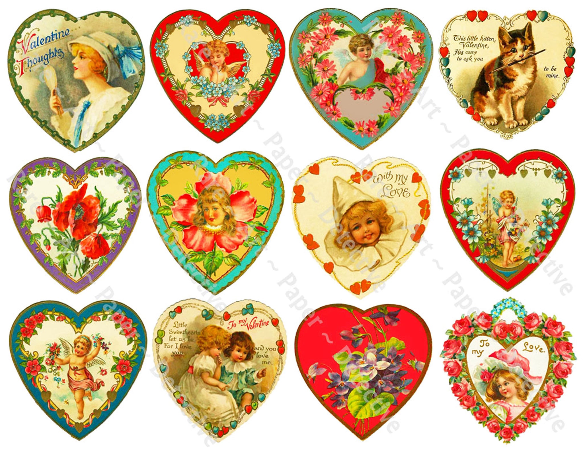 Old Fashioned Valentine's Day Hearts, CUT & PEEL Sticker Sheet, Victorian Romantic Valentine Stickers Embellishments, 434