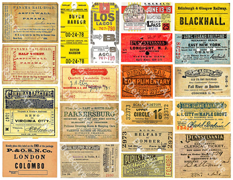 Railroad Ticket Stubs, Reproduction Sticker Sheet for the Hobbyist, Train, Bus & Trolley, 8.5" x 11" Decal Sticker Sheet, #444