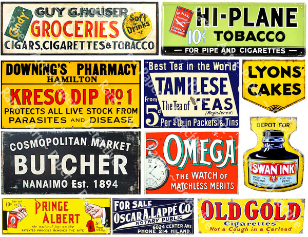 SUPER SIZE SET of Vintage Advertising Sign Stickers for Model Train & Dollhouse Miniatures, 47 Pcs. Set, 4 Sheets, 8.5" x 11" each, Pack 28