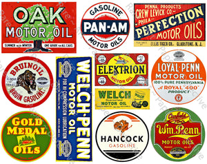 Gas & Motor Oil Label Stickers, Garage Signs, Oil Can Label Decals, Service Station Rusty Metal Sign Illustrations, 8.5" x 11" Sheet, #492