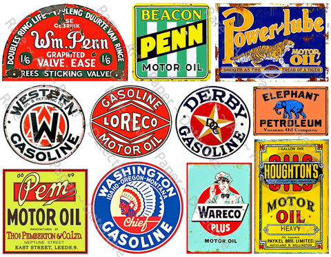 Gas & Motor Oil Label Stickers, Garage Signs, Oil Can Label Decals, Service Station Rusty Metal Sign Illustrations, 8.5" x 11" Sheet, #493