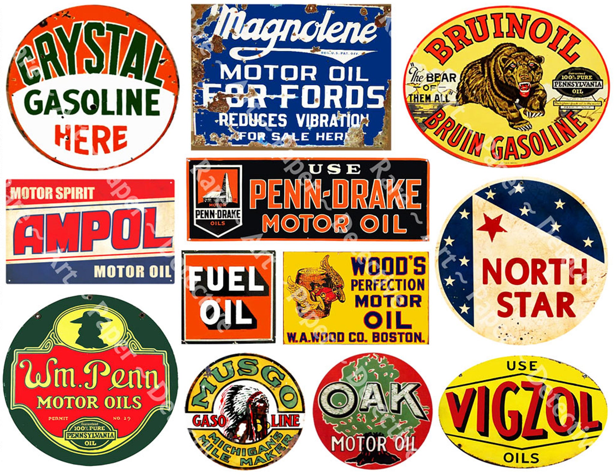 Oil Label Stickers, Garage Signs, Gas Label Decals, Service Station Rusty Metal Sign Illustrations, 8.5" x 11" Sheet, #494