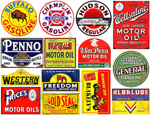 14 Oil Label Stickers, Garage Signs, Gas Sign Decals, Service Station Rusty Metal Sign Illustrations, 8.5" x 11" Sheet, #496