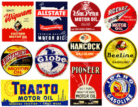 11 Oil Label Stickers, Garage Signs, Gas Sign Decals, Service Station Rusty Metal Sign Illustrations, 8.5" x 11" Sheet, #497