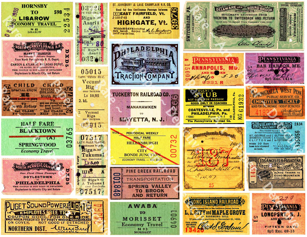 Railroad Ticket Stubs, Reproduction Sticker Sheet for the Hobbyist, Train, Bus & Trolley, 8.5" x 11" Decal Sticker Sheet, #504