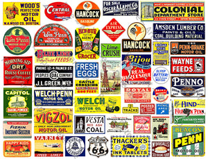 Model Train Miniature Sign Stickers, 50 Pcs. Set, Rusty Metal Sign Illustrations, 8.5" x 11" Sheet, #517
