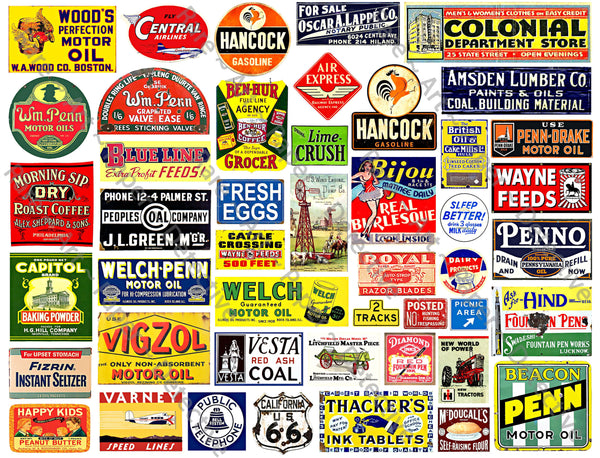 HUGE SET of Dollhouse Miniature Sign Stickers, 200+ Pcs. Set, Model Railroad Sign Illustrations, 4 Sheets, 8.5" x 11" each, Pack 10