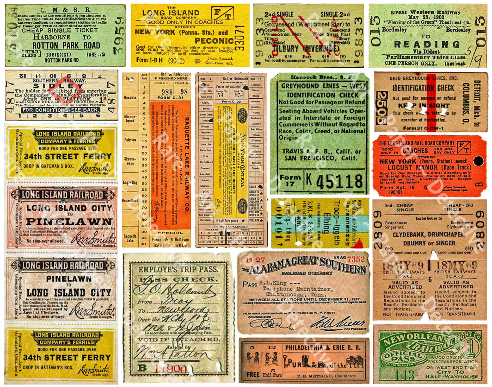 Train Ticket Stubs, Reproduction Sticker Sheet for the Hobbyist, Railroad, Traction, Bus & Trolley, 8.5" x 11" Decal Sticker Sheet, #572
