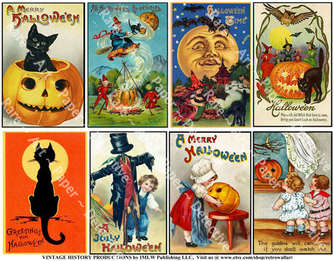 Halloween Stickers, Vintage Halloween Postcard Decals & Spooky Clip Art, Black Cats & Pumpkins, Halloween Party Novelty, 637
