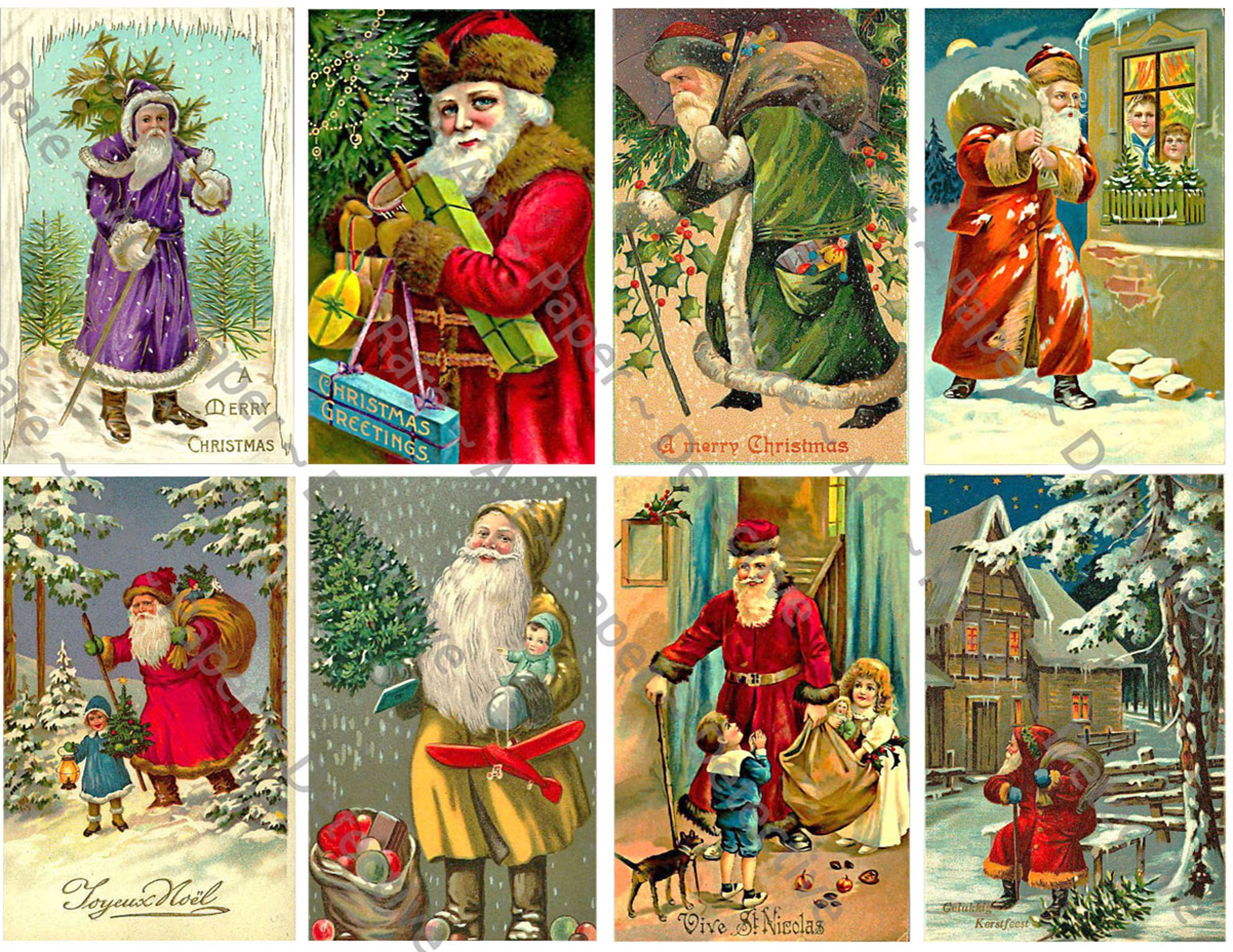 Christmas Stickers, 8 Pcs. Deluxe Set of Old Fashioned Postcard Journal Images, 4" x 2.5" each, Santa Claus, #647