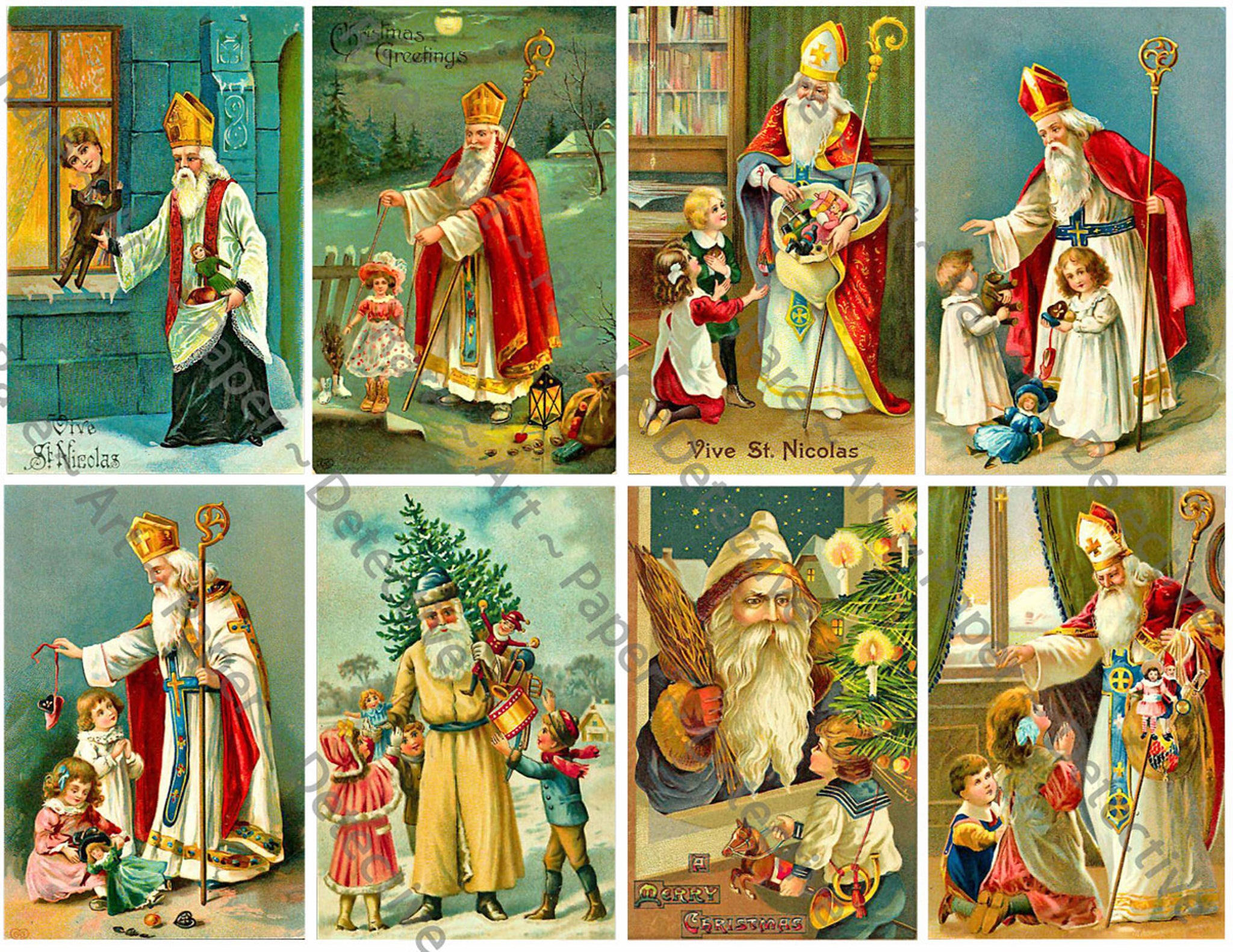 Christmas Postcard Inspired Stickers, 8 Pcs. Deluxe Set of Old Fashioned Postcard Journal Images, 4" x 2.5" each, Santa Claus, #649