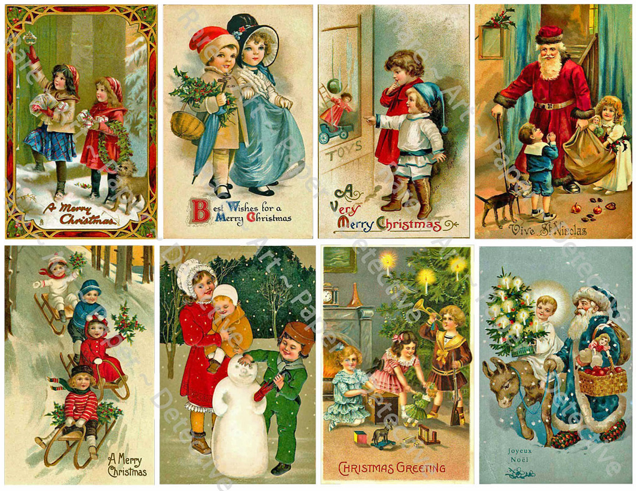 Christmas Stickers, 8 Pcs. Deluxe Set of Old Fashioned Postcard Journal Images, 4" x 2.5" each, #650