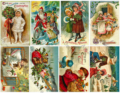 Christmas Stickers, 8 Pcs. Deluxe Set of Old Fashioned Postcard Journal Images, 4" x 2.5" each, #651