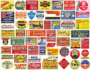 Model Train Miniature Sign Stickers, 54 Pcs. Set, Rusty Metal Sign Illustrations, 8.5" x 11" Sheet, #704