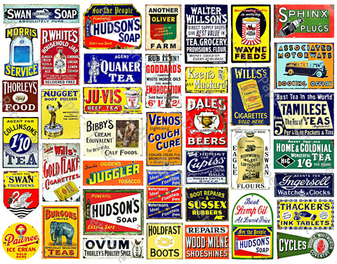 Model Train Miniature Sign Stickers, 40 Pcs. Set, Vintage Advertising Illustrations, 8.5" x 11" Sheet, #708