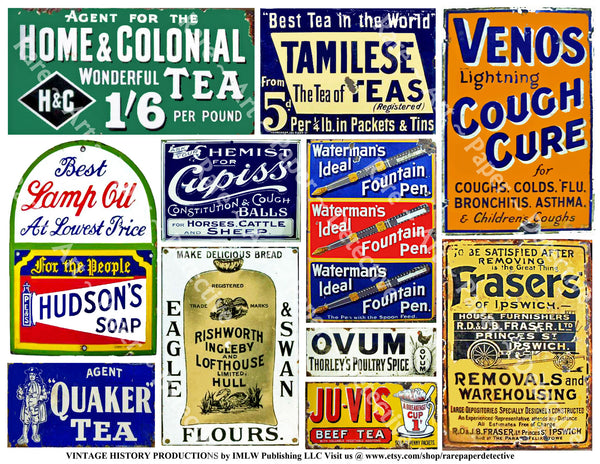 HUGE SET of Vintage Advertising Sign Stickers for Model Train & Dollhouse Miniatures, 50 Pcs. Set, 4 Sheets, 8.5" x 11" each, Pack 29